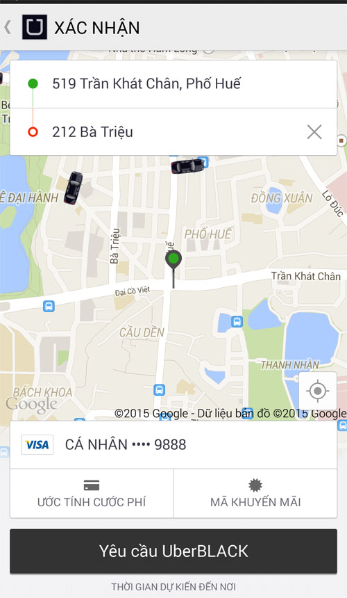 x&aacute;c nhận đặt xe Uber