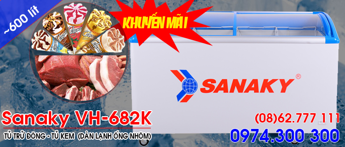 Tủ đ&ocirc;ng kem c&oacute; k&iacute;nh l&ugrave;a Sanaky VH-682K
