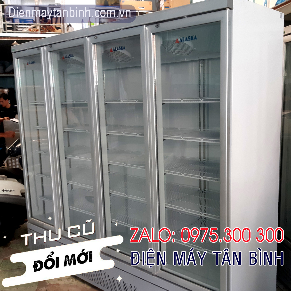 Tủ mát Alaska cũ 4 cửa kính chuyên thực phẩm siêu thị