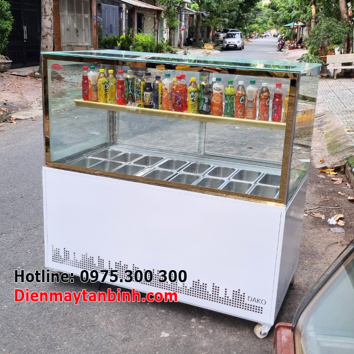 tủ mát bán chè, tủ mát có khay inox, tủ mát 4 mặt kính, tủ mát topping trà sữa, tủ lạnh trưng bày thức ăn lạnh